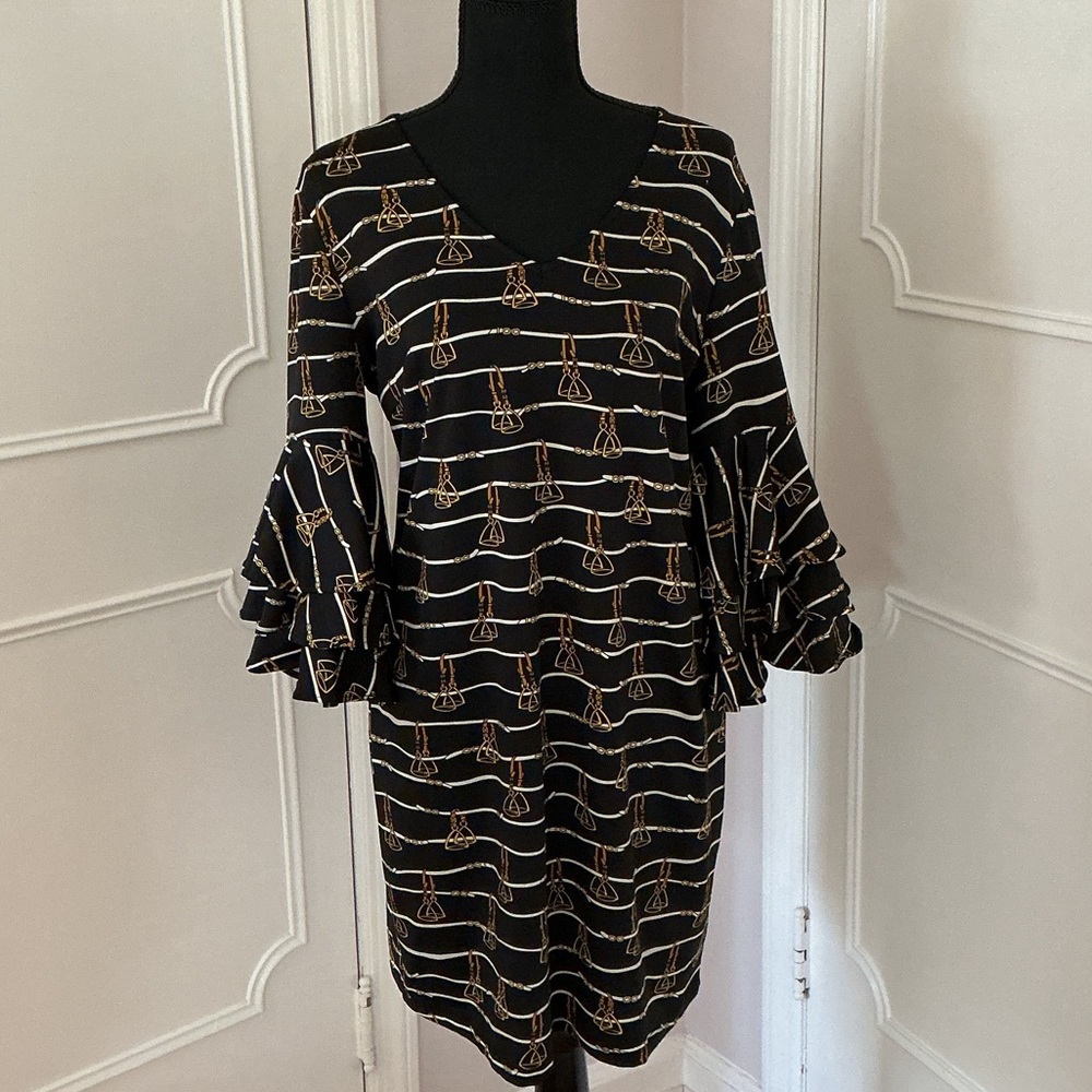 JB by Julie Brown Black and Gold Patterned Dress